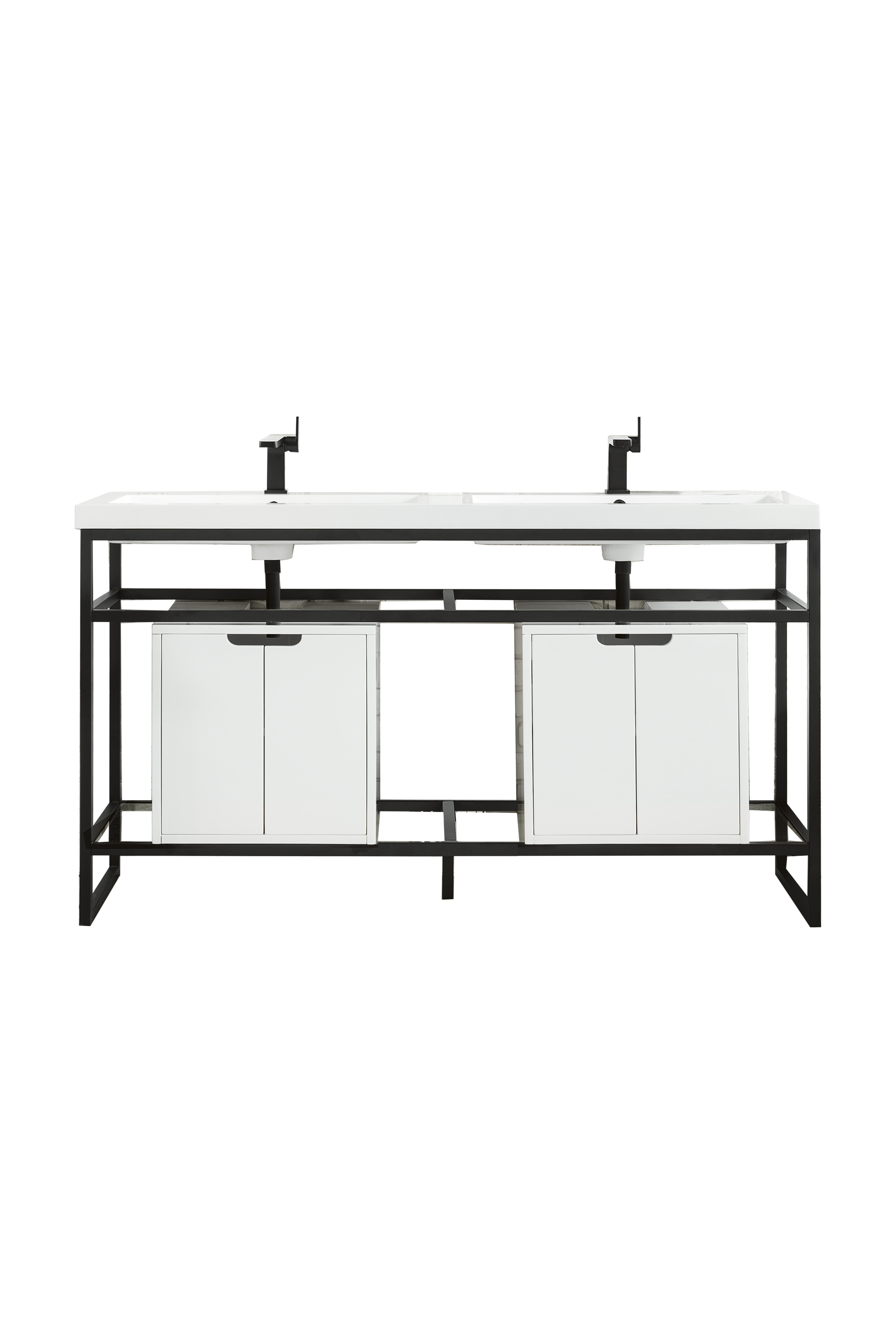 James Martin C105V63MBKSCGWWG Boston 63" Stainless Steel Sink Console (Double Basins), Matte Black w/ Glossy White Storage Cabinet, White Glossy Composite Countertop