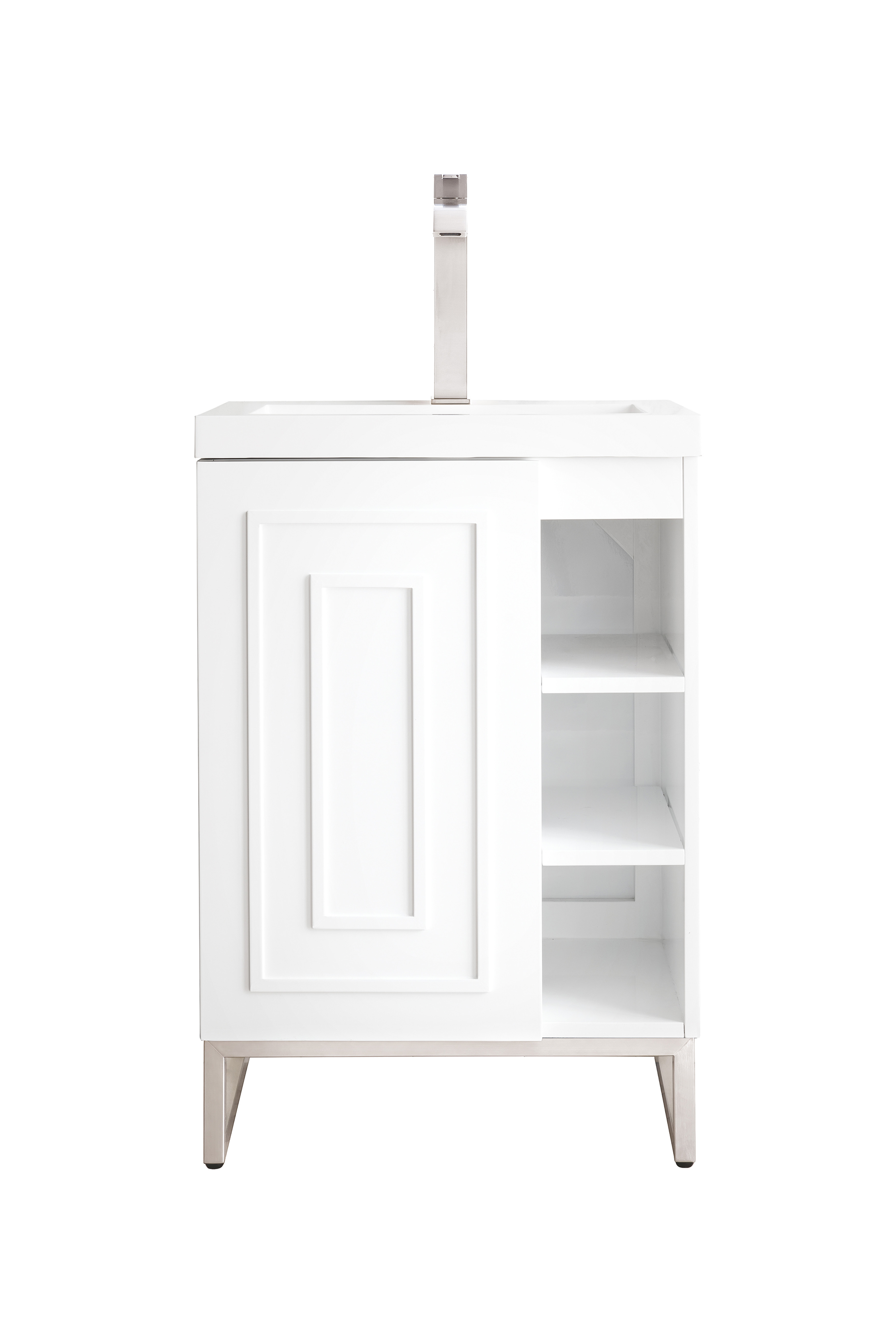 James Martin E110V24GWBNKWG Alicante' 24" Single Vanity Cabinet, Glossy White, Brushed Nickel w/White Glossy Composite Countertop