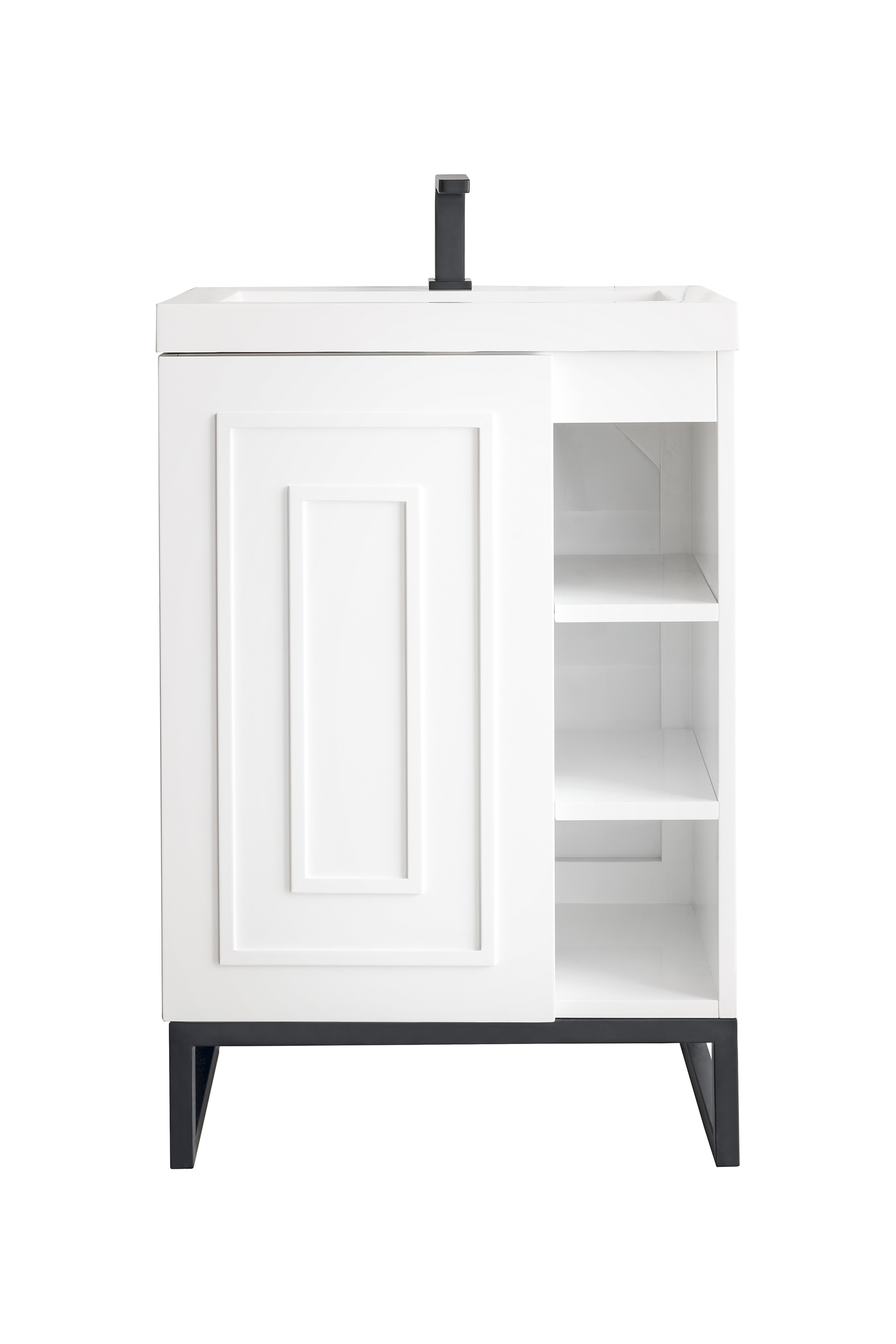 James Martin E110V24GWMBKWG Alicante' 24" Single Vanity Cabinet, Glossy White, Matte Black w/White Glossy Composite Countertop