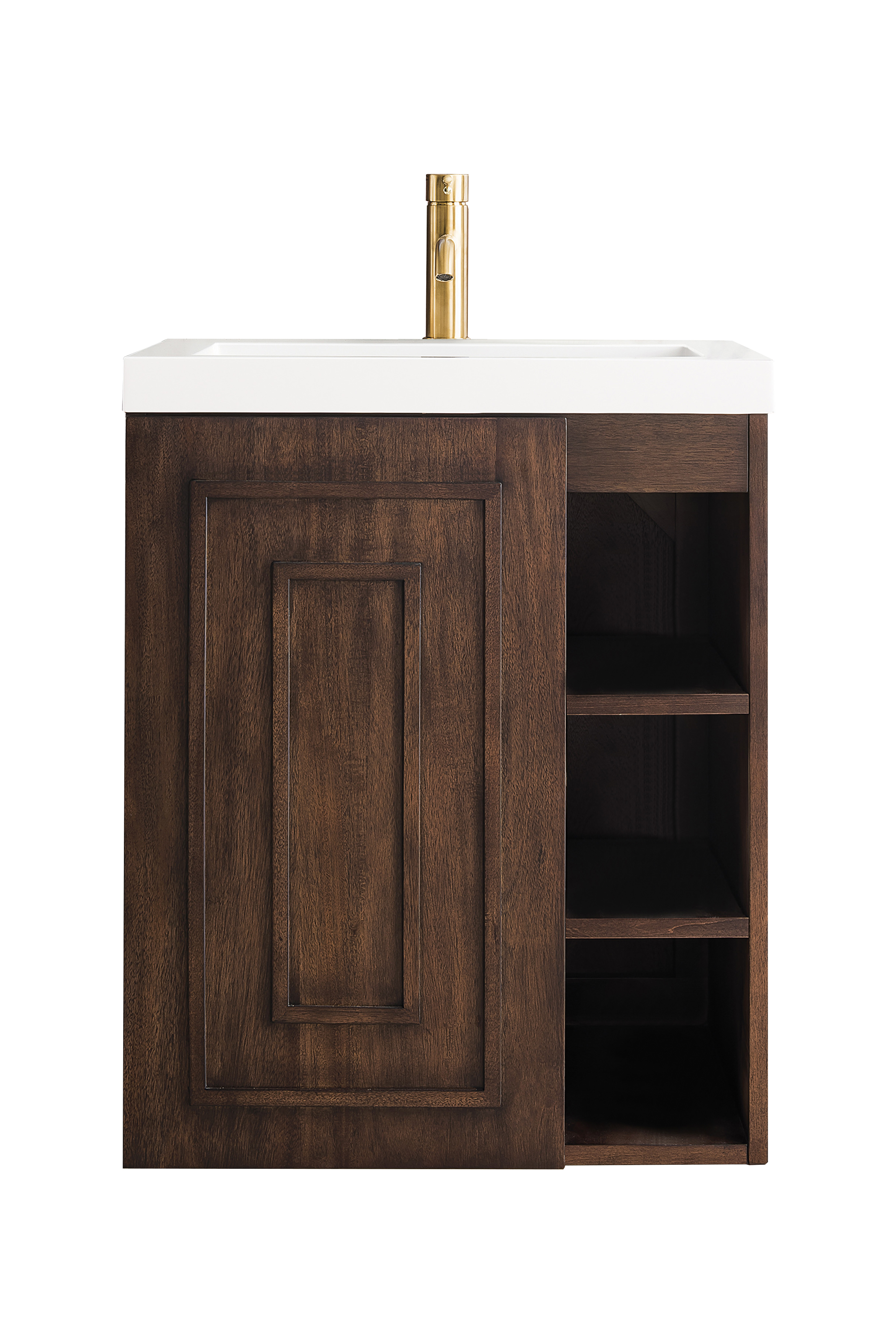 James Martin E110V24MCAWG Alicante' 24" Single Vanity Cabinet, Mid Century Acacia w/ White Glossy Composite Countertop