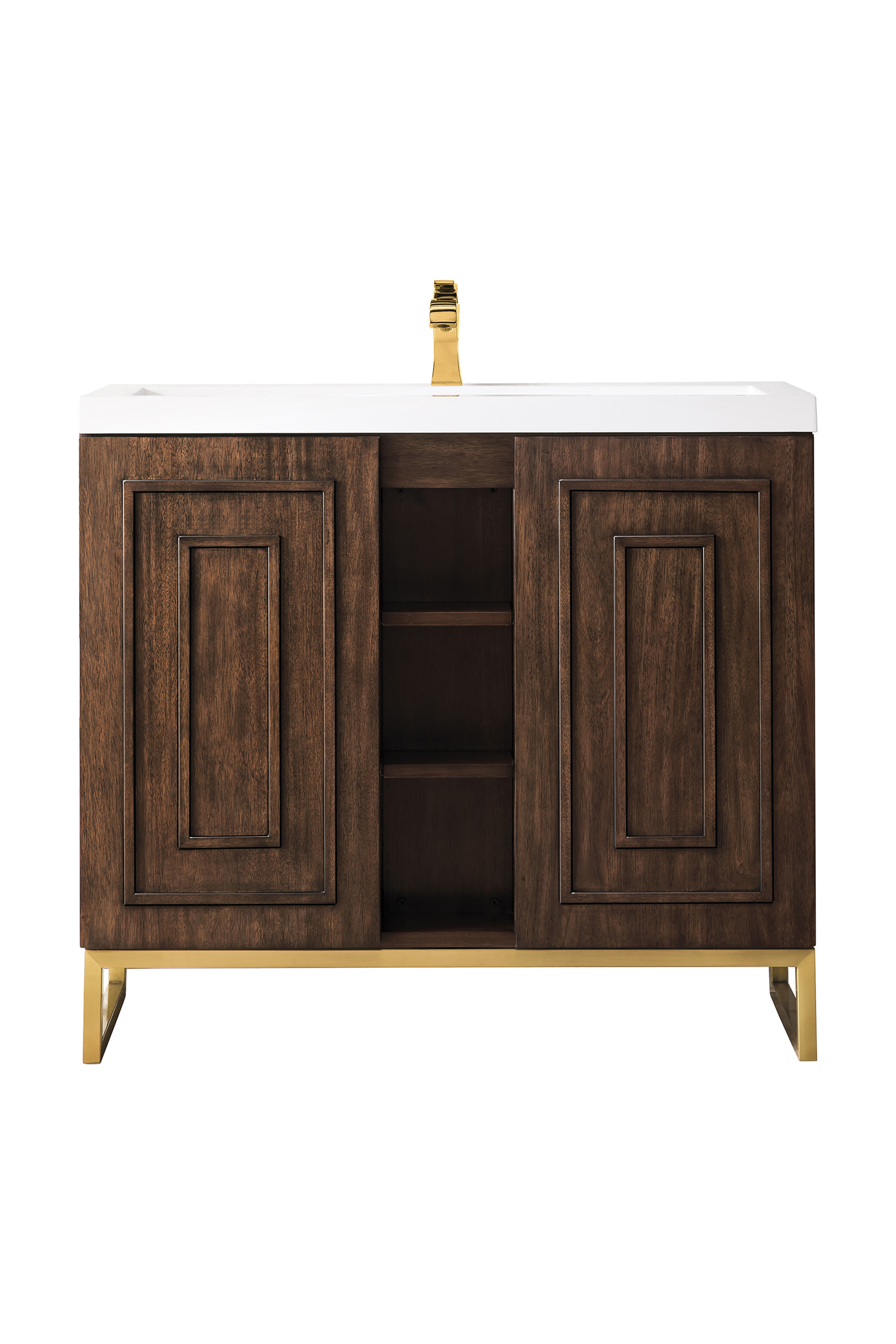James Martin E110V39.5MCARGDWG Alicante' 39.5" Single Vanity Cabinet, Mid Century Acacia, Radiant Gold w/White Glossy Composite Countertop