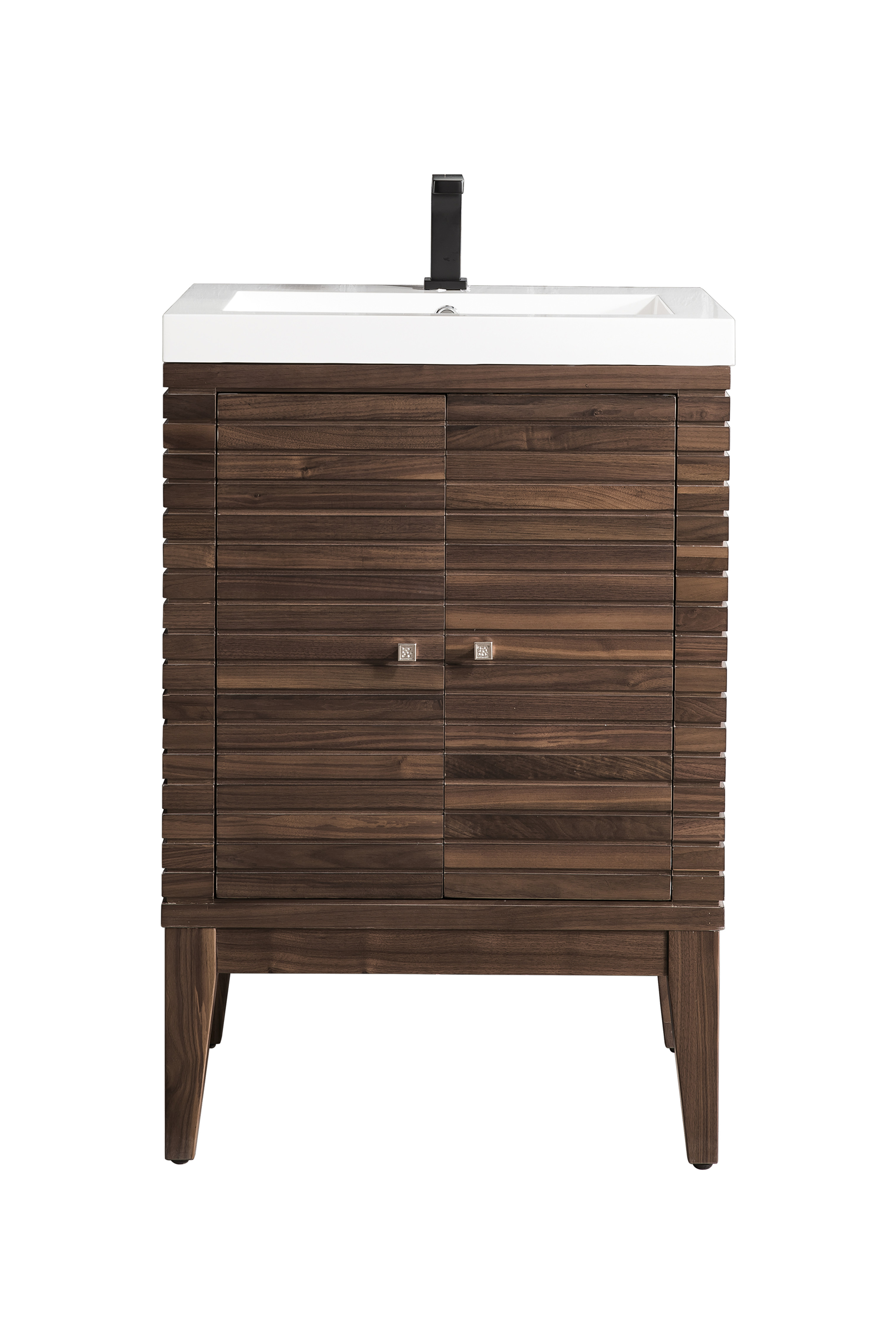 James Martin E213V24WLTWG Linden 24" Single Vanity Cabinet, Mid Century Walnut w/ White Glossy Composite Countertop