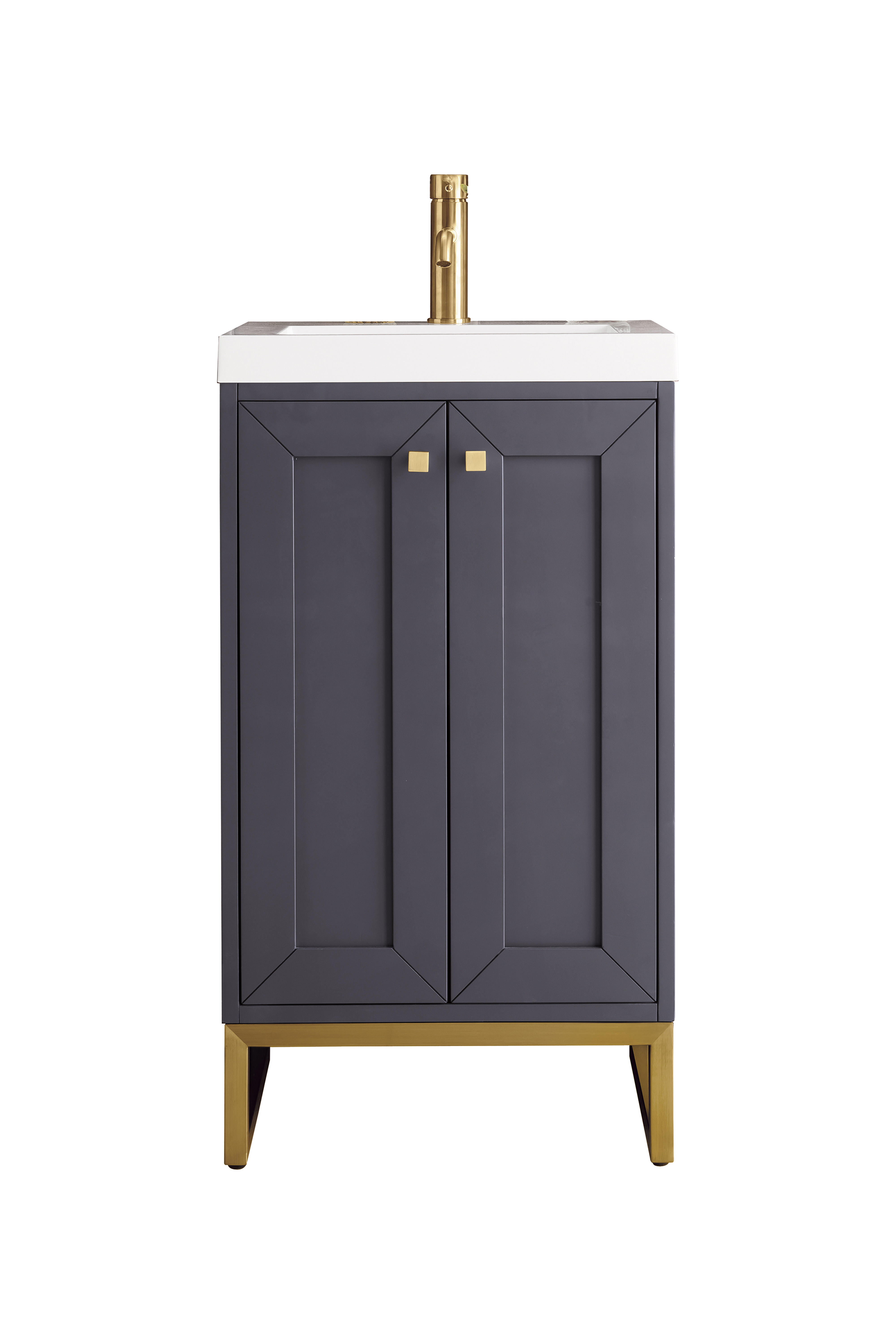 James Martin E303V20MGRGDWG Chianti 20" Single Vanity Cabinet, Mineral Grey, Radiant Gold, w/ White Glossy Composite Countertop
