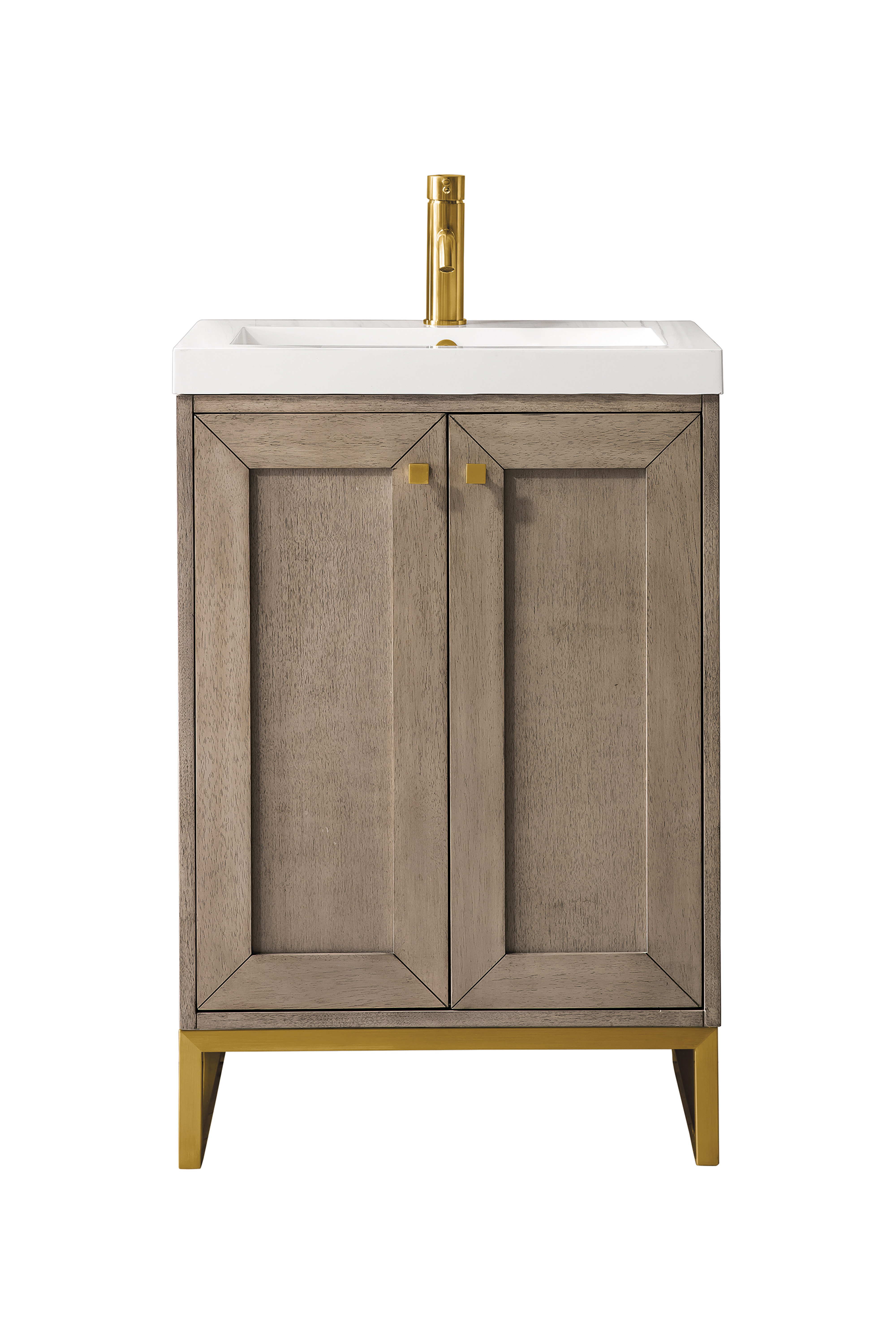 James Martin E303V20WWRGDWG Chianti 20" Single Vanity Cabinet, Whitewashed Walnut, Radiant Gold, w/ White Glossy Composite Countertop