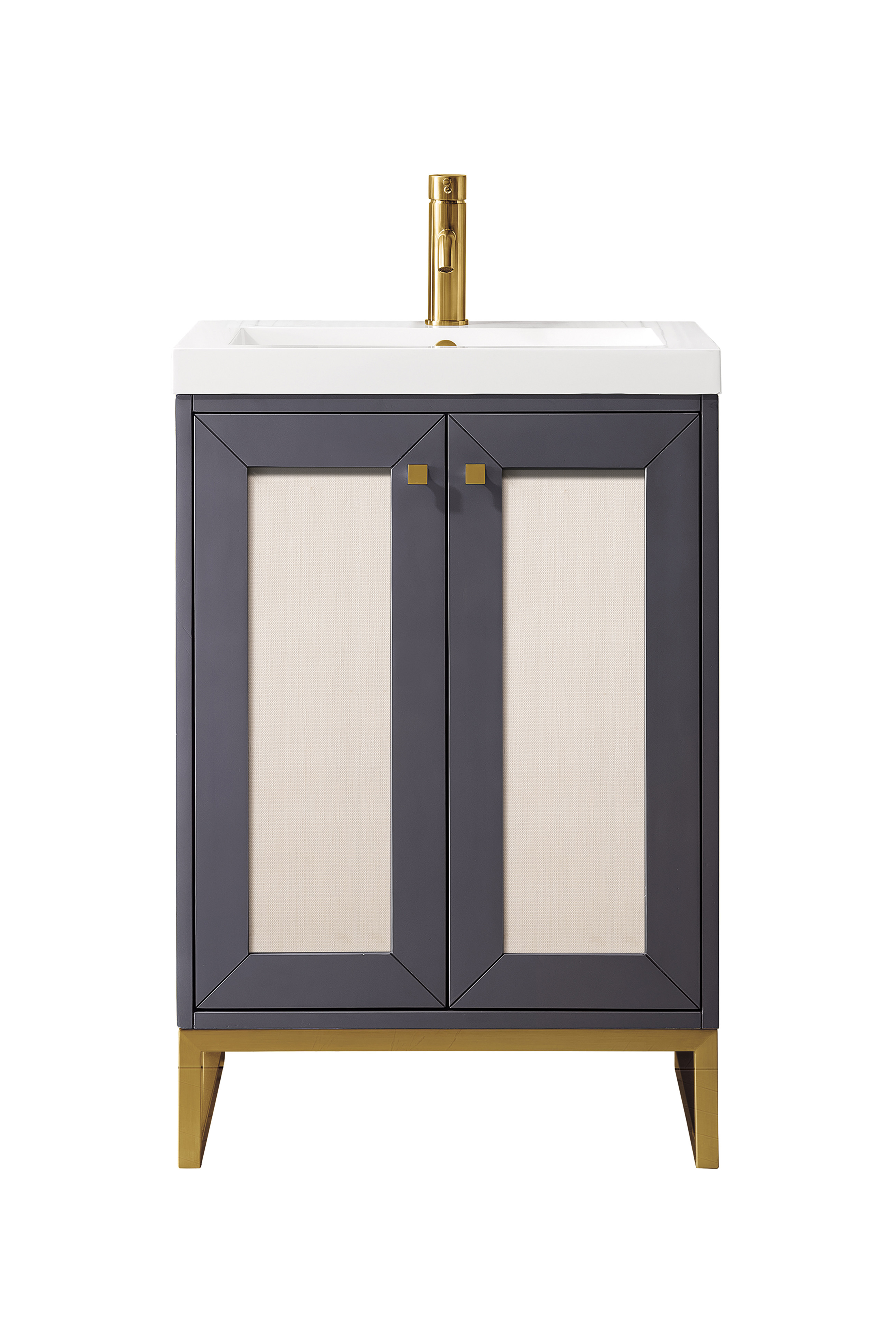 James Martin E303V24MGRGDWG Chianti 24" Single Vanity Cabinet, Mineral Grey, Radiant Gold, w/ White Glossy Composite Countertop