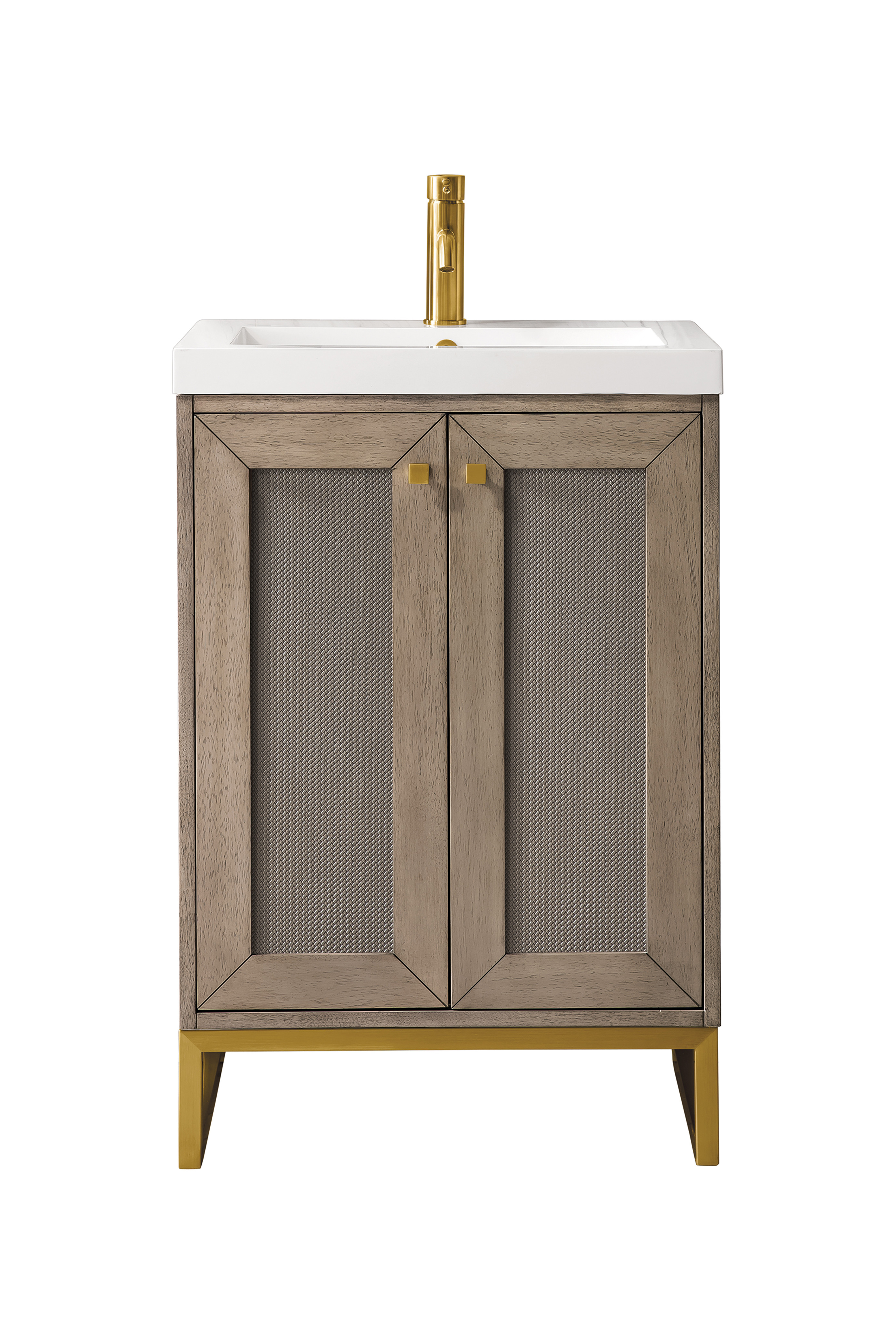 James Martin E303V24WWRGDWG Chianti 24" Single Vanity Cabinet, Whitewashed Walnut, Radiant Gold, w/ White Glossy Composite Countertop