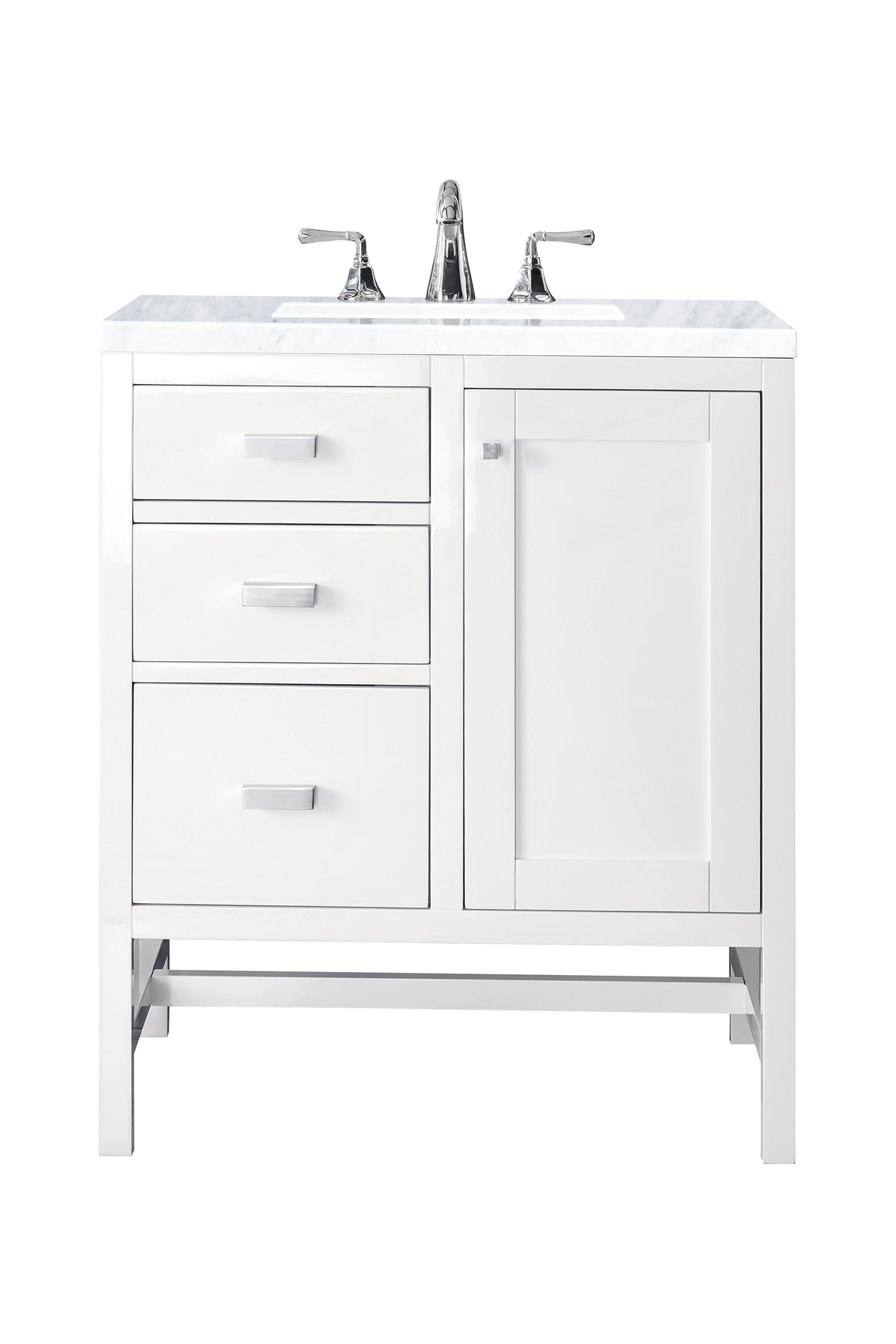 James Martin E444-V30-GW-3CAR Addison 30" Single Vanity Cabinet, Glossy White, w/ 3 CM Carrara White Top