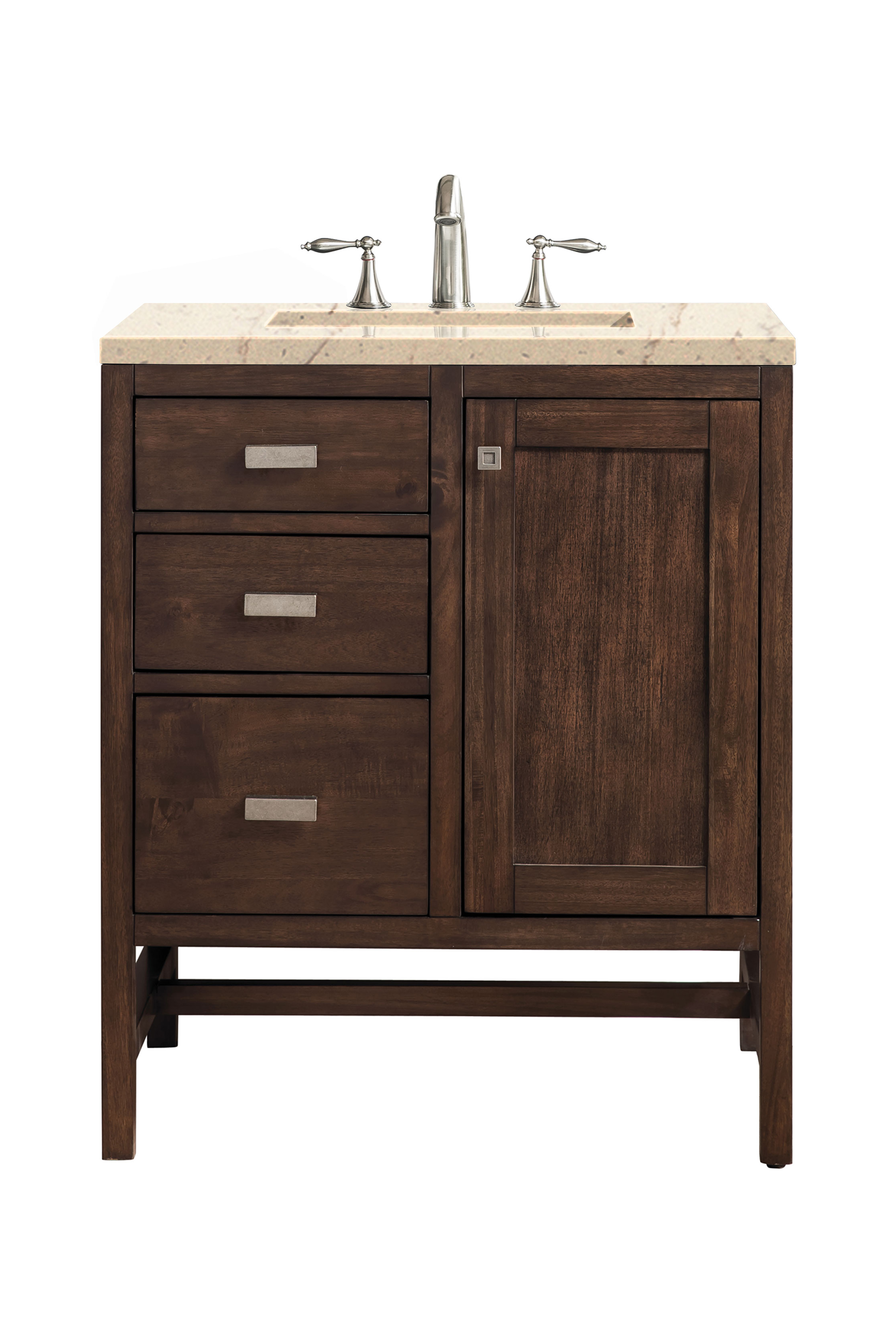 James Martin E444-V30-MCA-3EMR Addison 30" Single Vanity Cabinet, Mid Century Acacia, w/ 3 CM Eternal Marfil Quartz Top