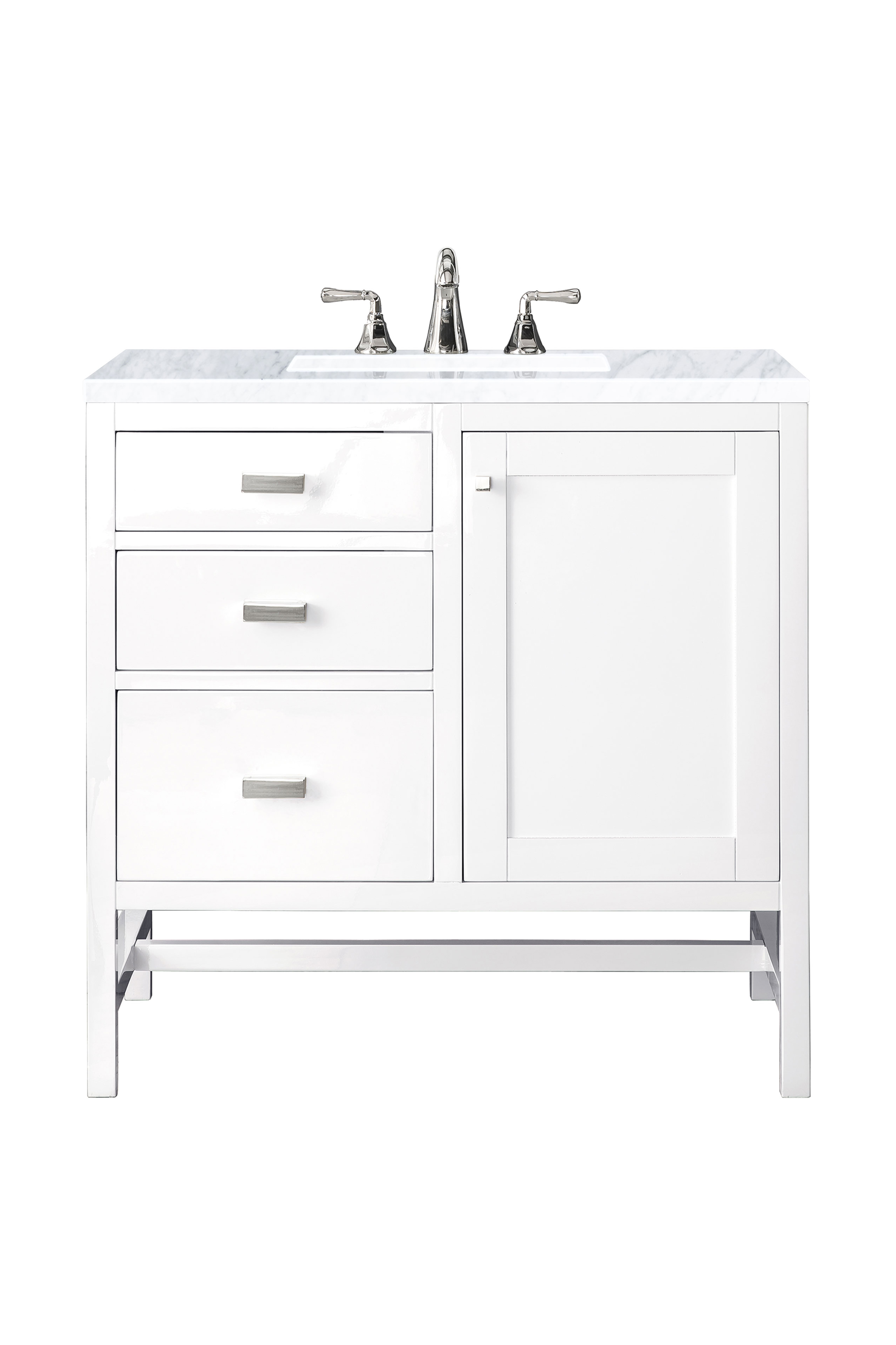 James Martin E444-V36-GW-3CAR Addison 36" Single Vanity Cabinet, Glossy White, w/ 3 CM Carrara White Top
