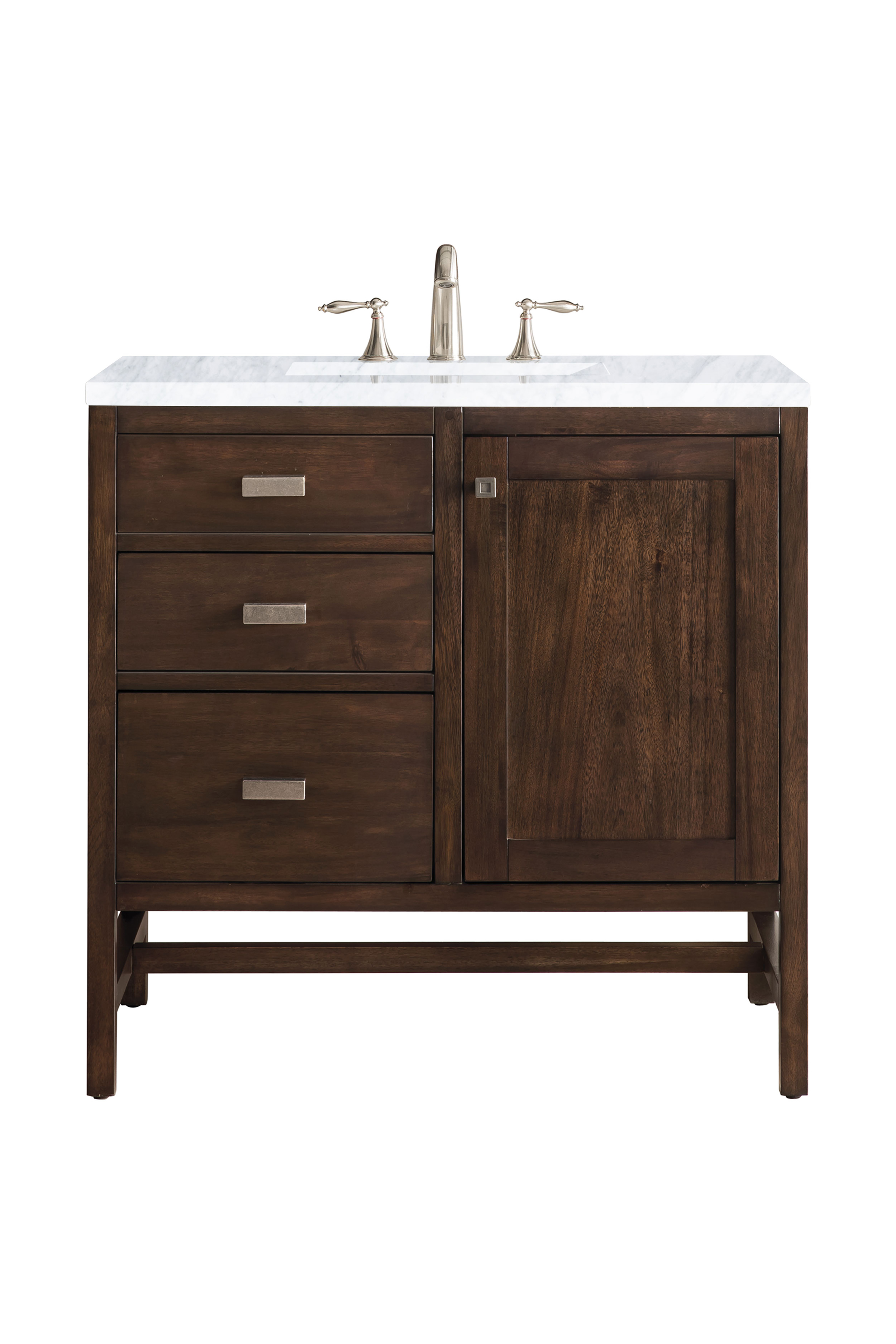 James Martin E444-V36-MCA-3CAR Addison 36" Single Vanity Cabinet, Mid Century Acacia, w/ 3 CM Carrara White Top