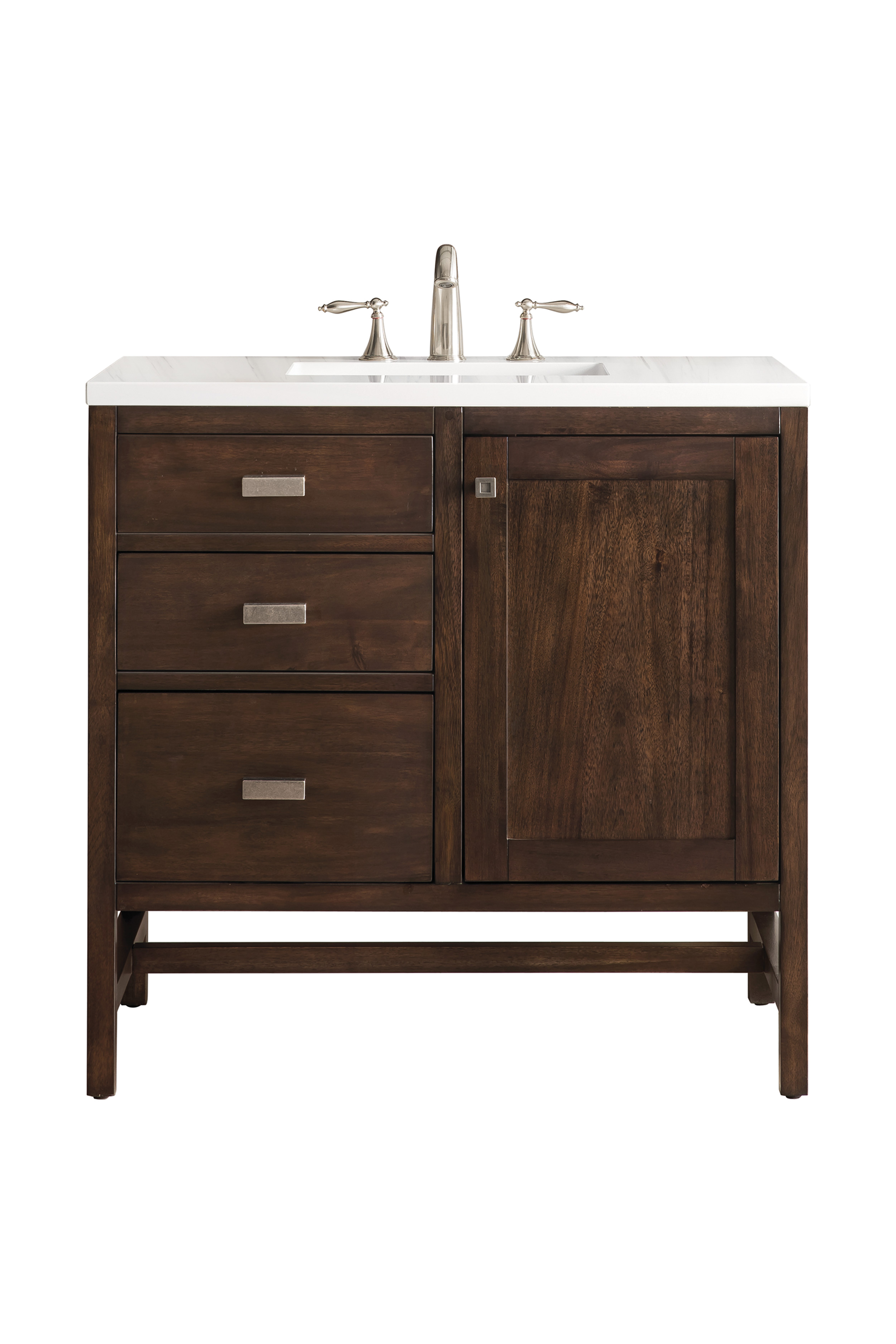 James Martin E444-V36-MCA-3CLW Addison 36" Single Vanity Cabinet, Mid Century Acacia, w/ 3 CM Classic White Quartz Top