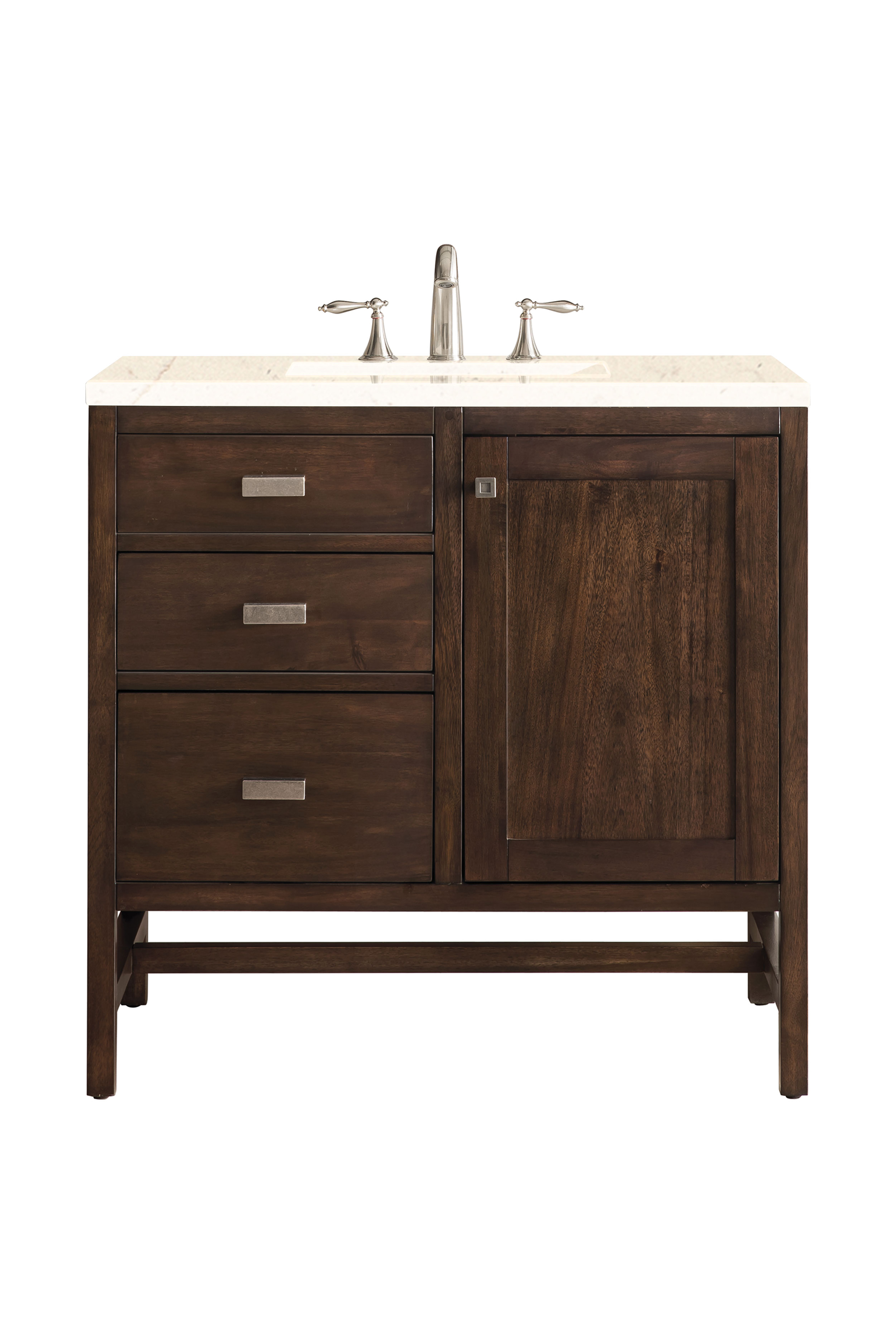 James Martin E444-V36-MCA-3EMR Addison 36" Single Vanity Cabinet, Mid Century Acacia, w/ 3 CM Eternal Marfil Quartz Top