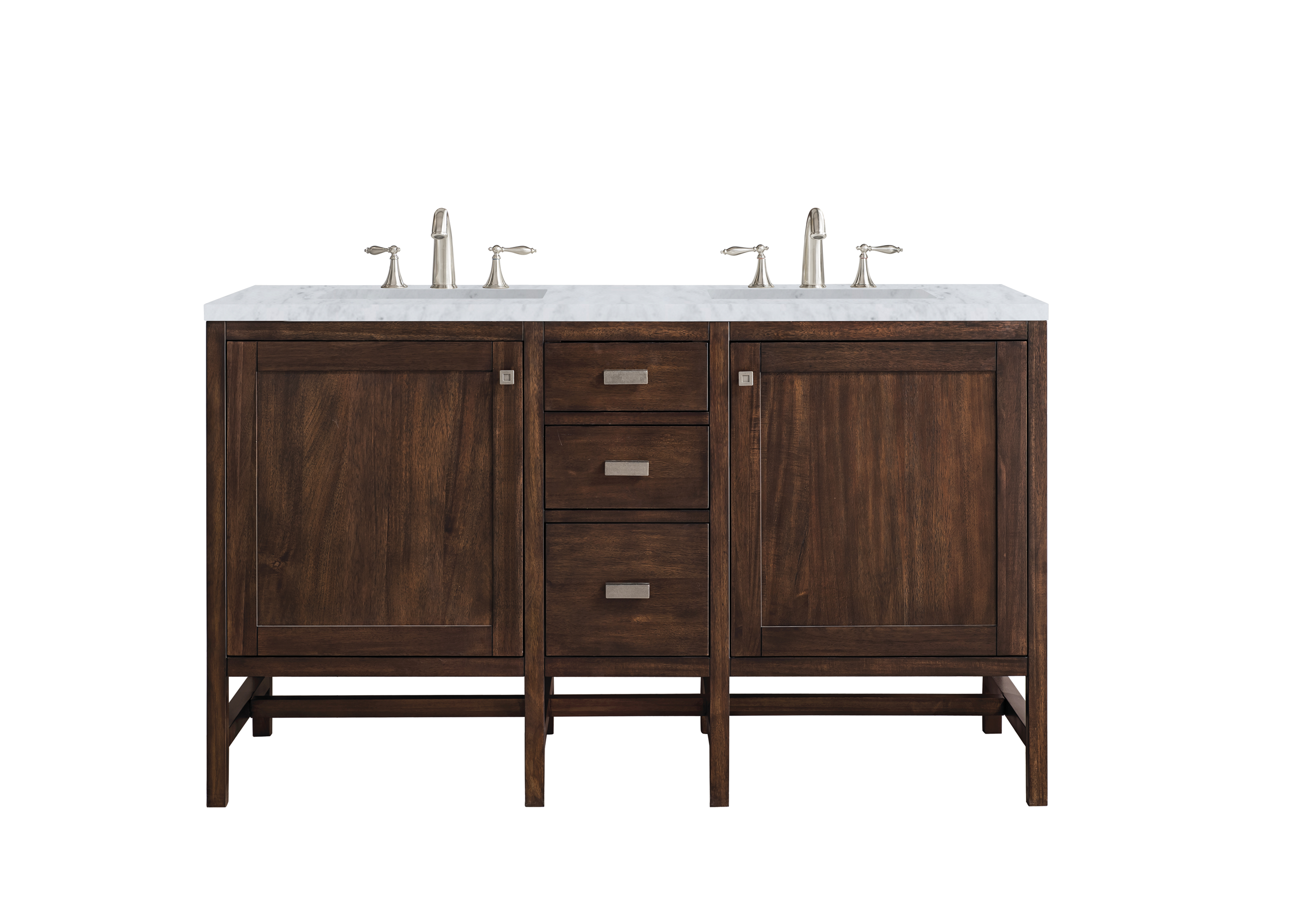 James Martin E444-V60D-MCA-3CAR Addison 60" Double Vanity Cabinet, Mid Century Acacia, w/ 3 CM Carrara White Top