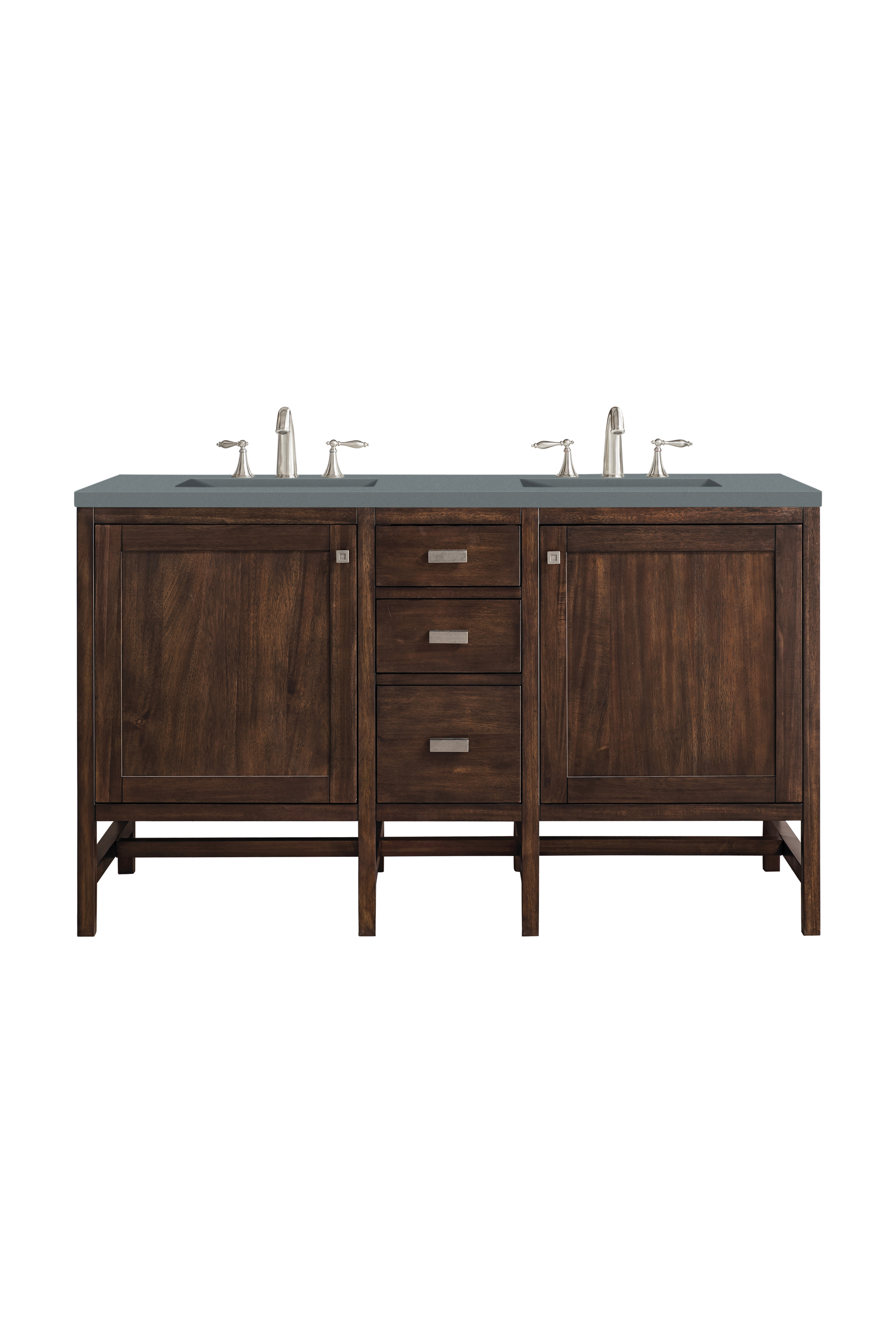 James Martin E444-V60D-MCA-3CBL Addison 60" Double Vanity Cabinet, Mid Century Acacia, w/ 3 CM Cala Blue Quartz Top