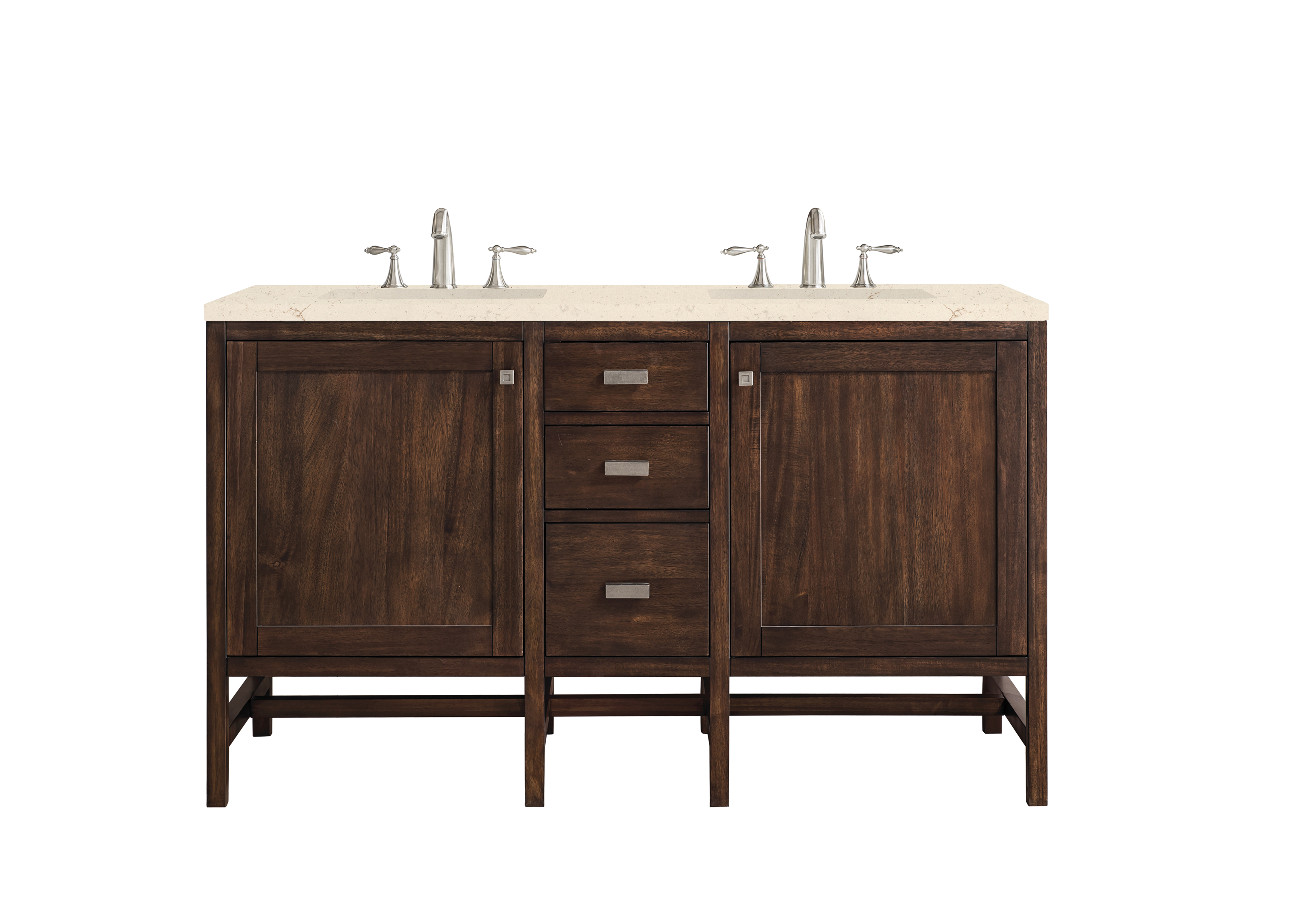 James Martin E444-V60D-MCA-3EMR Addison 60" Double Vanity Cabinet, Mid Century Acacia, w/ 3 CM Eternal Marfil Quartz Top