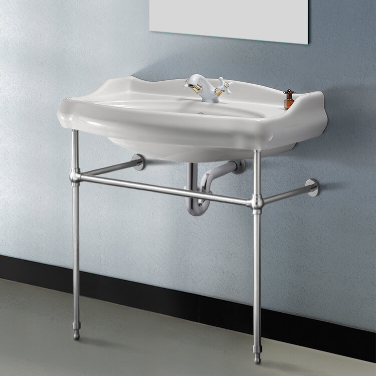 Nameeks 030300-CON-One-Hole CeraStyle Traditional Ceramic Console Sink With Chrome Stand - White