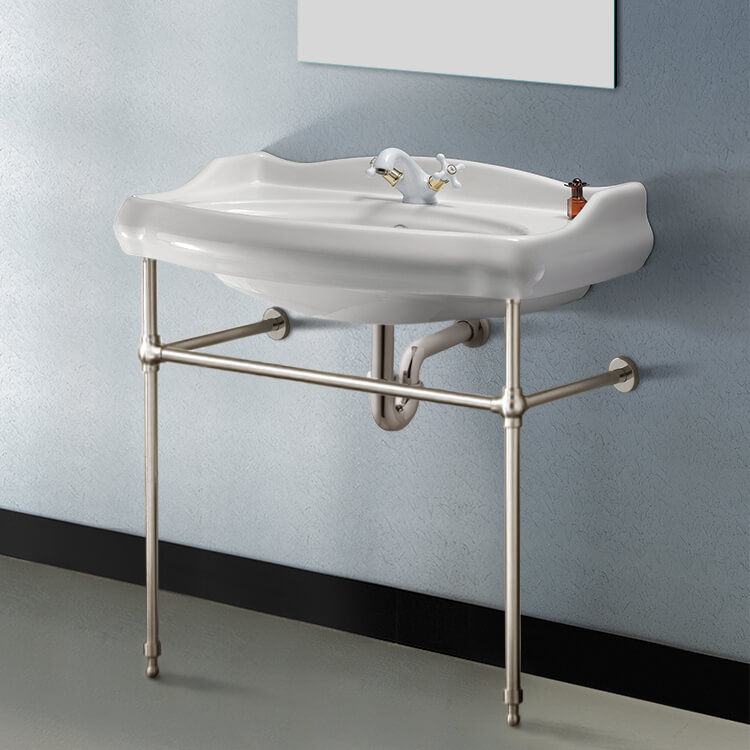 Nameeks 030300-CON-SN-One-Hole CeraStyle Traditional Ceramic Console Sink With Satin Nickel Stand - White