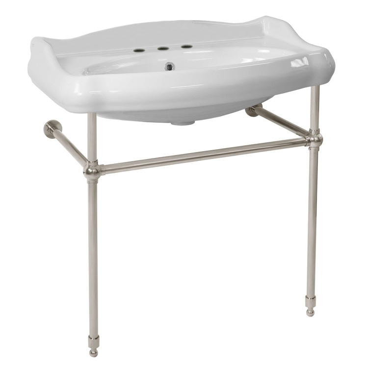 Nameeks 030300-CON-SN-Three-Hole CeraStyle Traditional Ceramic Console Sink With Satin Nickel Stand - White