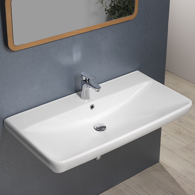 Nameeks 030700-U-One-Hole CeraStyle Rectangle White Ceramic Wall Mounted or Self Rimming Sink - White