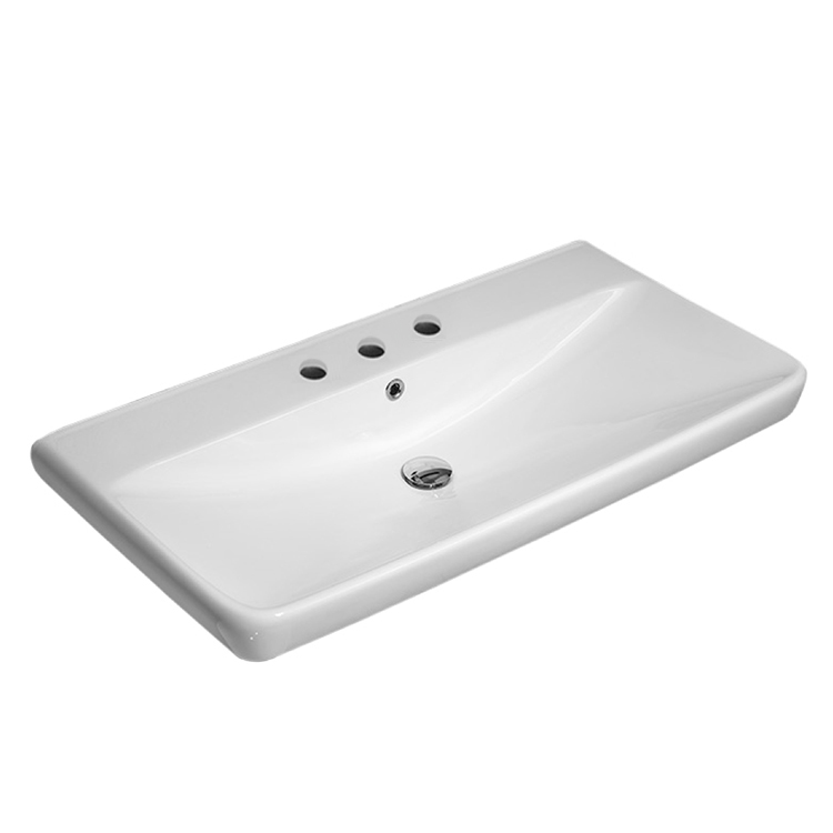 Nameeks 030700-U-Three-Hole CeraStyle Rectangle White Ceramic Wall Mounted or Self Rimming Sink - White
