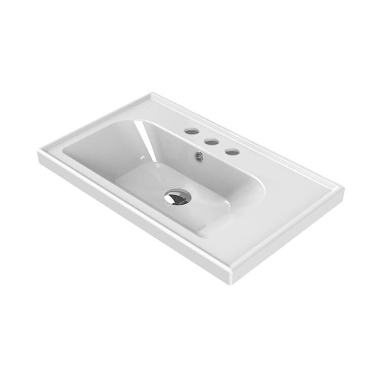 Nameeks 031100-U-Three-Hole CeraStyle Rectangular Ceramic Wall Mounted or Drop In Sink With Counter Space - White