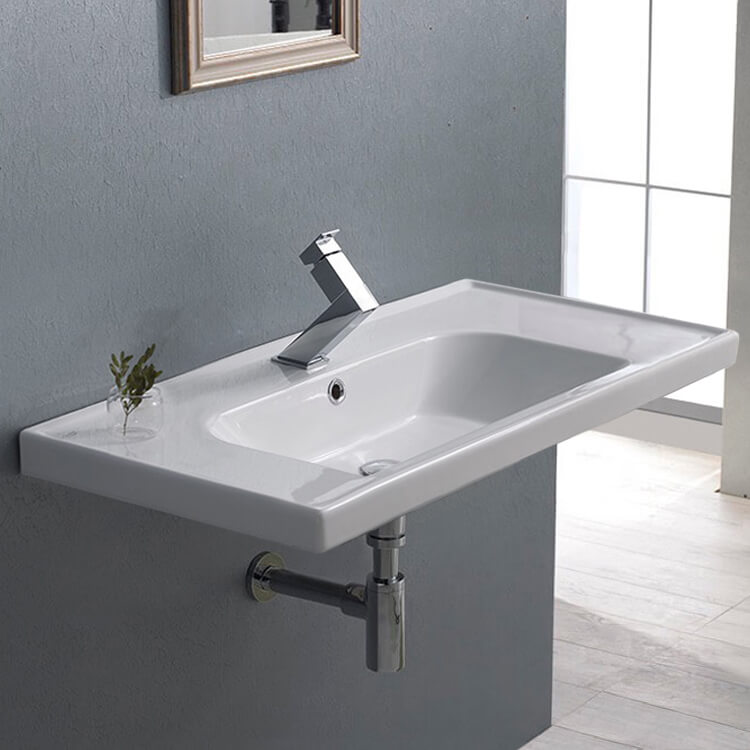 Nameeks 031200-U-One-Hole CeraStyle Rectangle White Ceramic Wall Mounted or Self Rimming Sink - White