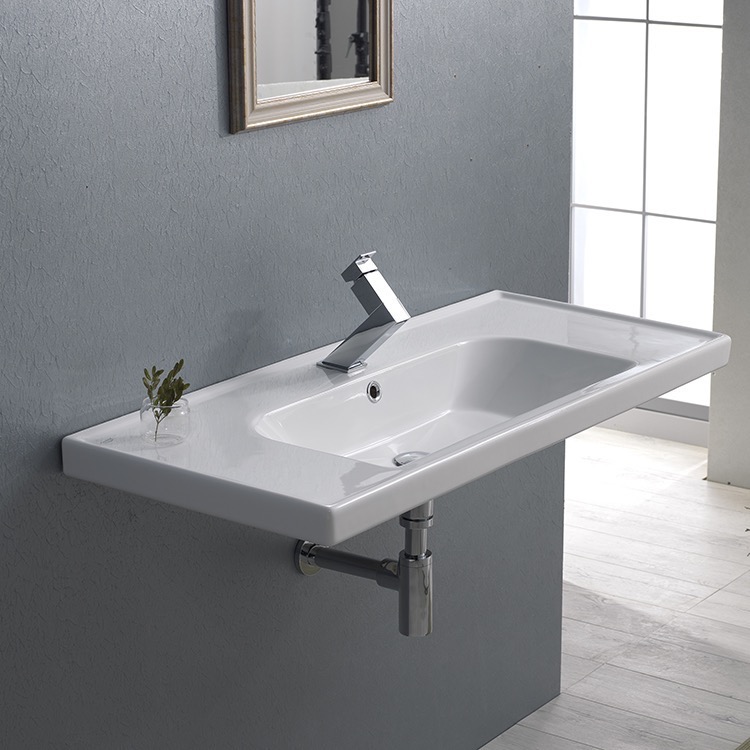 Nameeks 031400-U-One-Hole CeraStyle Rectangle White Ceramic Wall Mounted or Self Rimming Sink - White