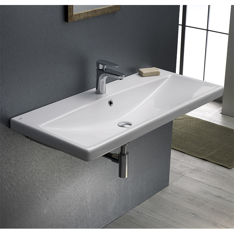 Nameeks 032200-U-One-Hole CeraStyle Rectangle White Ceramic Wall Mounted or Self Rimming Sink - White