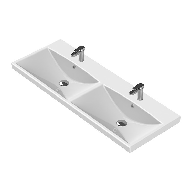 Nameeks 032500-U-Two-Hole CeraStyle Rectangular Double White Ceramic Wall Mounted or Drop In Sink - White