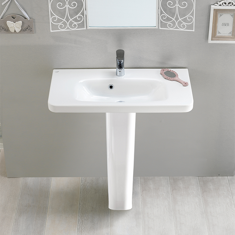 Nameeks 033300U-PED-One-Hole CeraStyle Rectangular White Ceramic Pedestal Sink - White