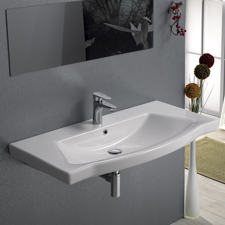 Nameeks 040500-U-One-Hole CeraStyle Rectangle White Ceramic Wall Mounted or Self Rimming Sink - White