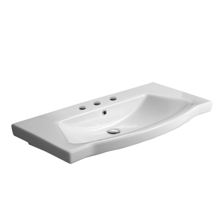 Nameeks 040500-U-Three-Hole CeraStyle Rectangle White Ceramic Wall Mounted or Self Rimming Sink - White