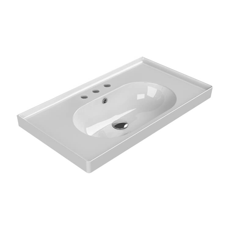 Nameeks 043300-U-Three-Hole CeraStyle Arya Rectangular Wall Mounted Bathroom Sink in White - White