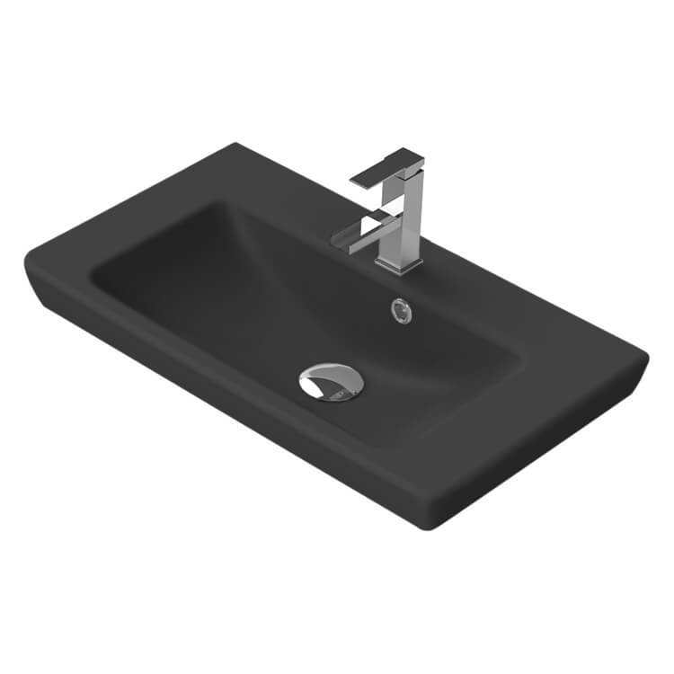 Nameeks 068107-U-97-One-Hole CeraStyle Rectangle Ceramic Wall Mounted or Drop In Sink - Matte Black