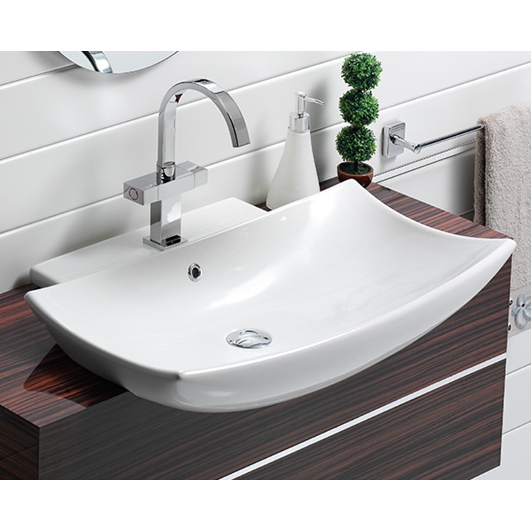 Nameeks 074800-U-One-Hole CeraStyle Curved Rectangular White Ceramic Wall Mounted or Vessel Bathroom Sink - White