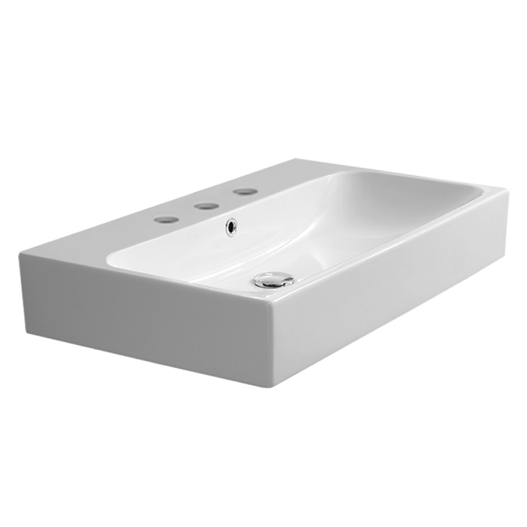 Nameeks 080000-U-Three-Hole CeraStyle Rectangular White Ceramic Wall Mounted or Vessel Bathroom Sink - White