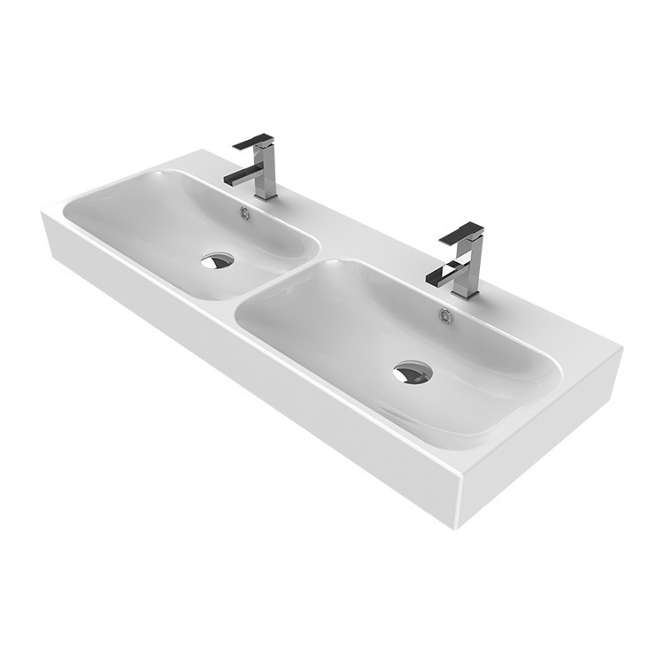 Nameeks 080700-U-Two-Hole CeraStyle Double Rectangular Ceramic Wall Mounted or Vessel Sink - White