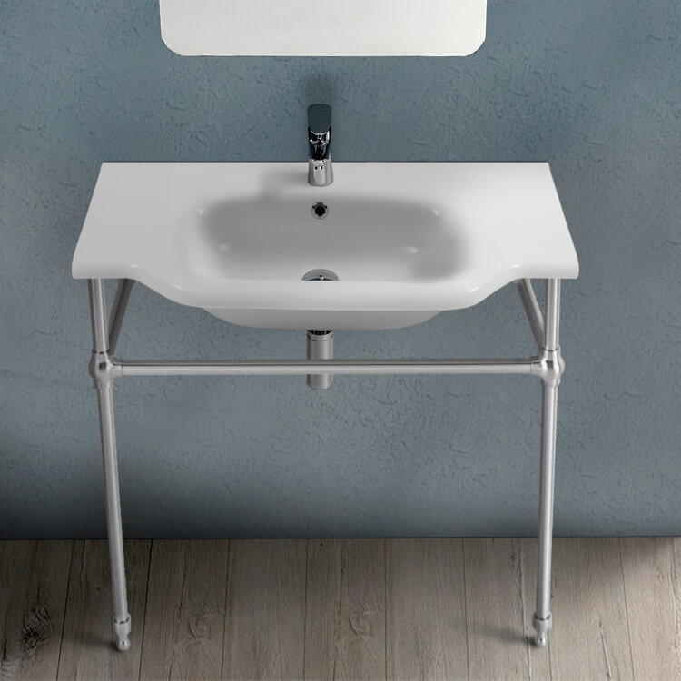 Nameeks 081200-CON-One-Hole CeraStyle Traditional Ceramic Console Sink With Chrome Stand - White
