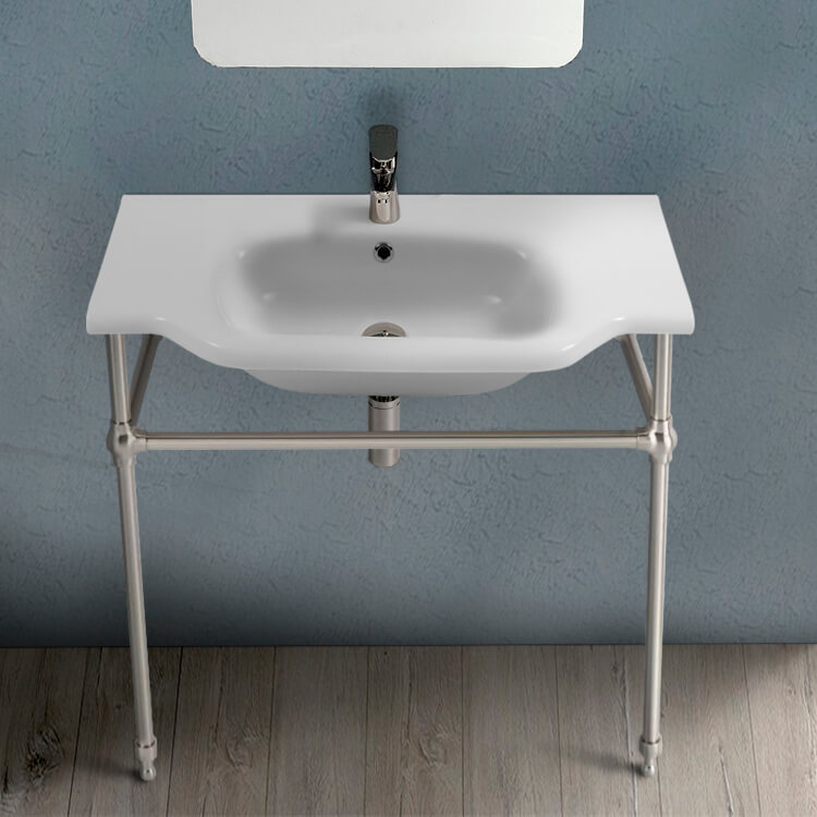 Nameeks 081200-CON-SN-One-Hole CeraStyle Traditional Ceramic Console Sink With Satin Nickel Stand - White
