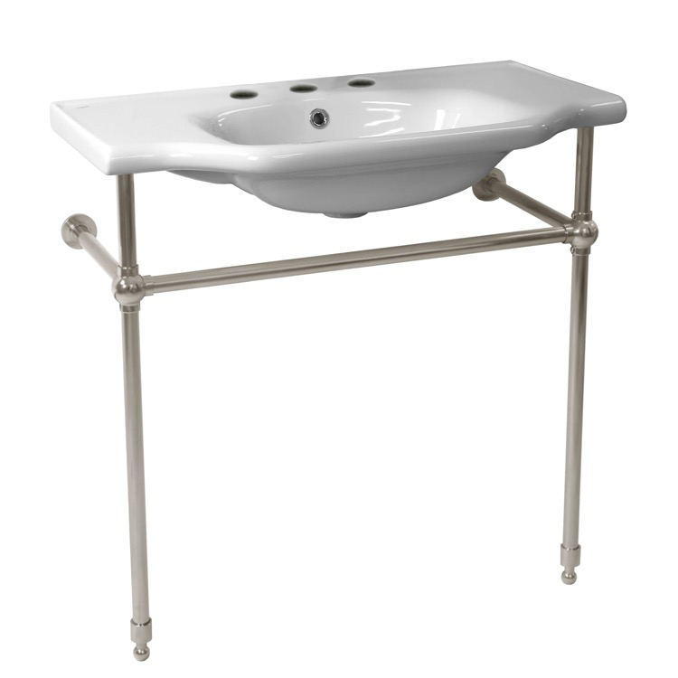 Nameeks 081200-CON-SN-Three-Hole CeraStyle Traditional Ceramic Console Sink With Satin Nickel Stand - White