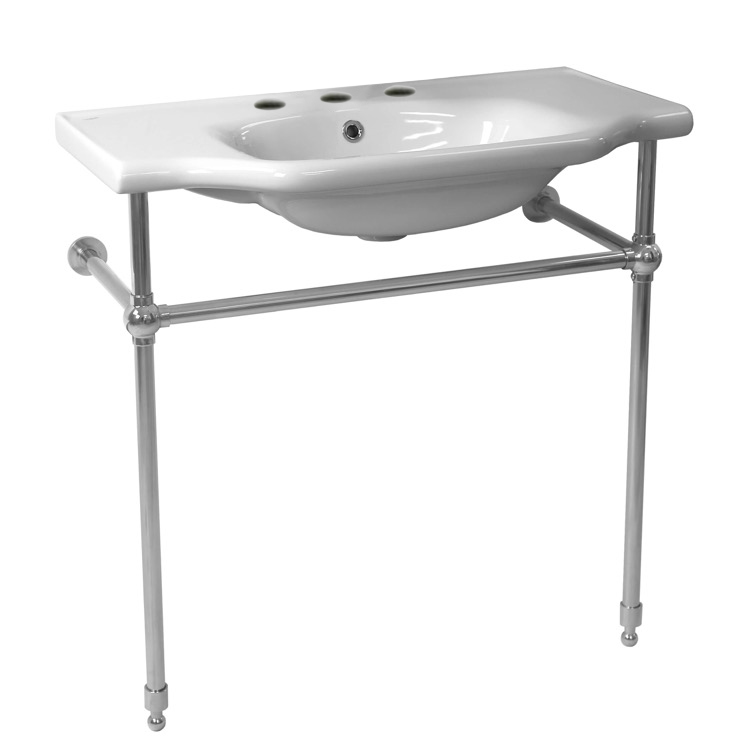 Nameeks 081200-CON-Three-Hole CeraStyle Traditional Ceramic Console Sink With Chrome Stand - White