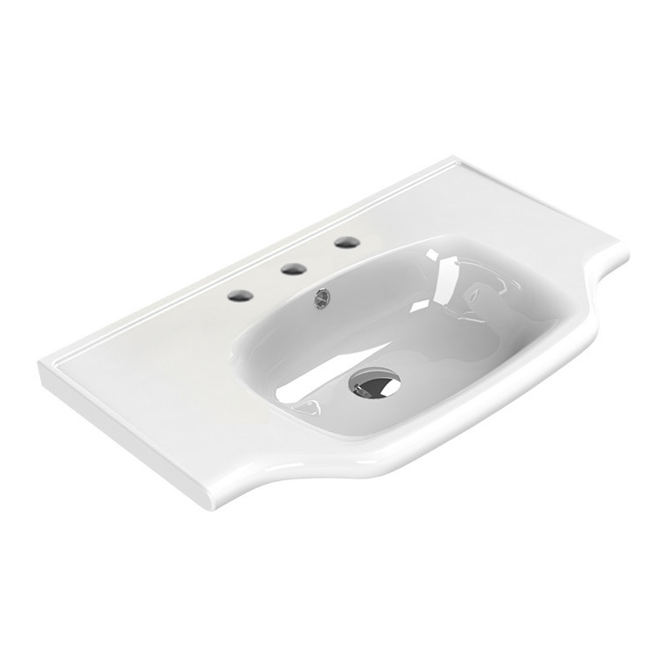 Nameeks 081200-U-Three-Hole CeraStyle Rectangular White Ceramic Wall Mounted or Drop In Bathroom Sink - White