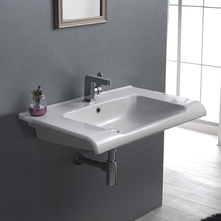 Nameeks 090700-U-One-Hole CeraStyle Rectangle White Ceramic Wall Mounted or Self Rimming Sink - White