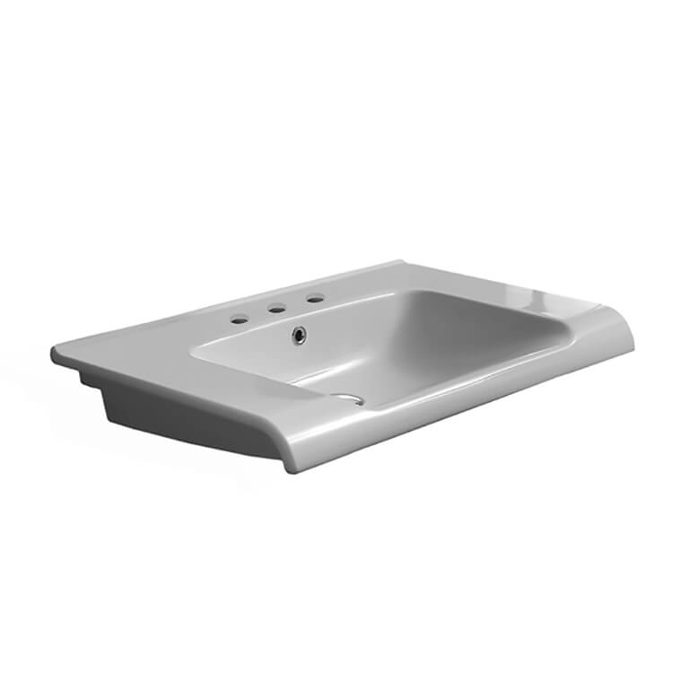 Nameeks 090700-U-Three-Hole CeraStyle Rectangle White Ceramic Wall Mounted or Self Rimming Sink - White