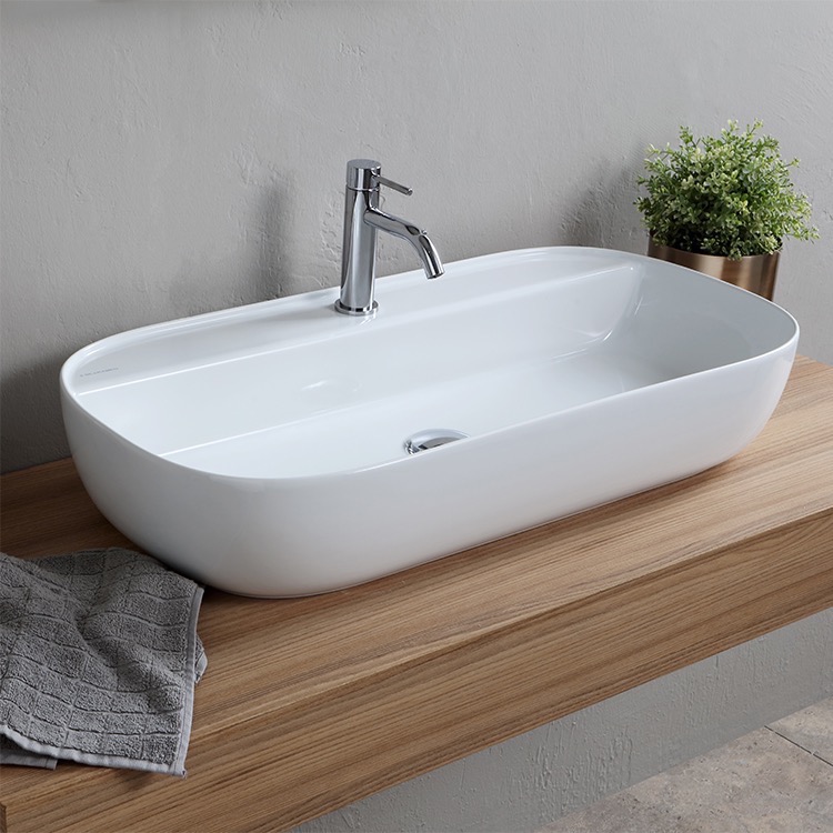 Nameeks 1801-One-Hole Scarabeo Oval White Ceramic Vessel Sink - White - Click Image to Close