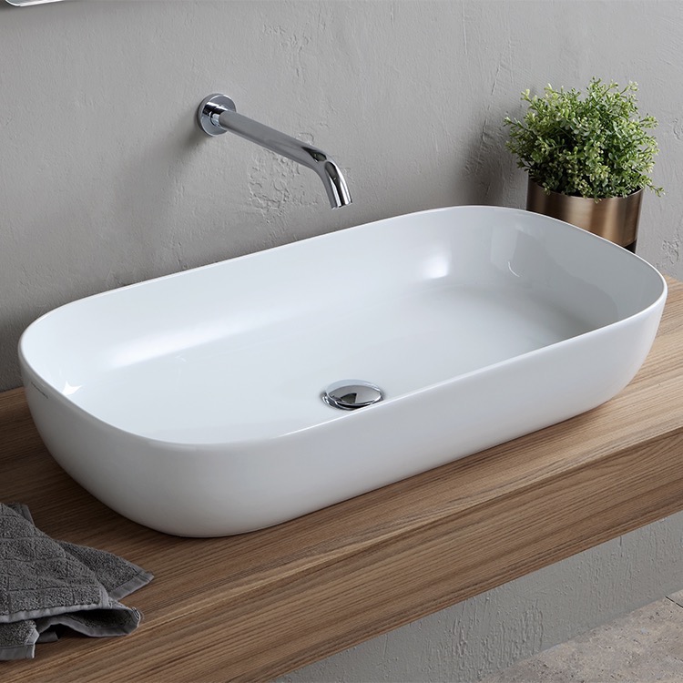 Nameeks 1803-No-Hole Scarabeo Oval White Ceramic Vessel Sink - White - Click Image to Close