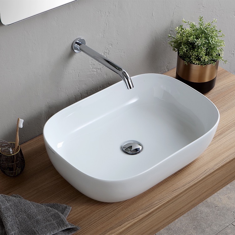 Nameeks 1804-No-Hole Scarabeo Oval White Ceramic Vessel Sink - White - Click Image to Close