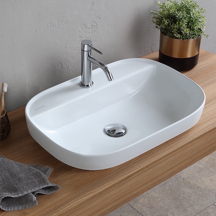 Nameeks 1810-One-Hole Scarabeo Oval White Ceramic Drop In Sink - White - Click Image to Close