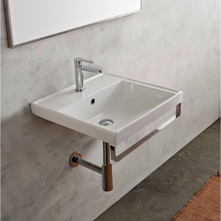 Nameeks 3001-TB-One-Hole Scarabeo Square Wall Mounted Ceramic Sink With Polished Chrome Towel Bar - White