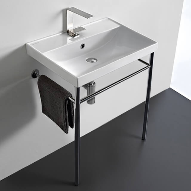 Nameeks 3004-CON-One-Hole Scarabeo Rectangular Ceramic Console Sink and Polished Chrome Stand - White